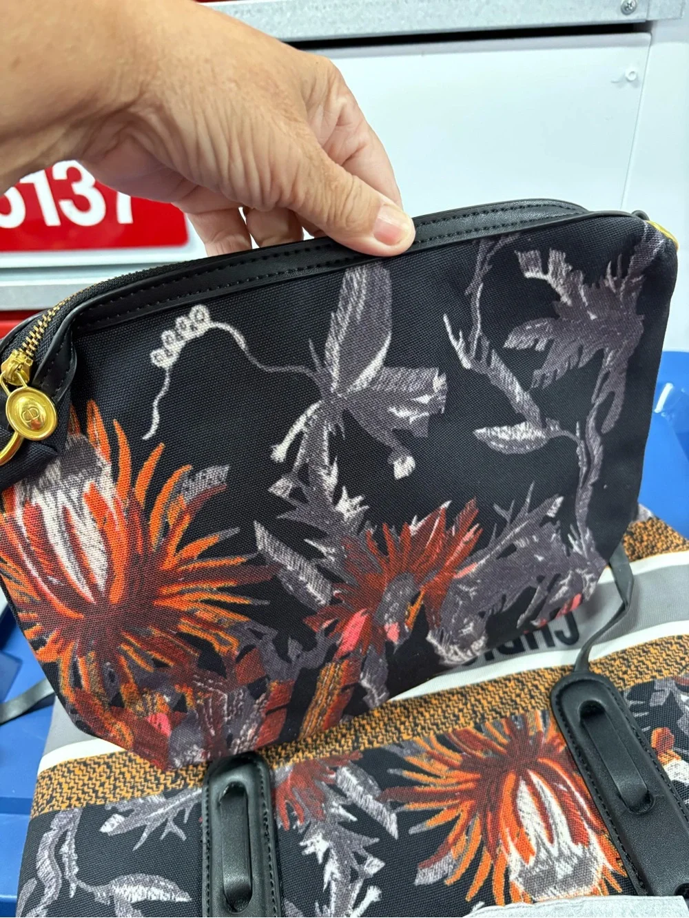 Women's Black Floral-Print Purse– Elegant Orange Accent